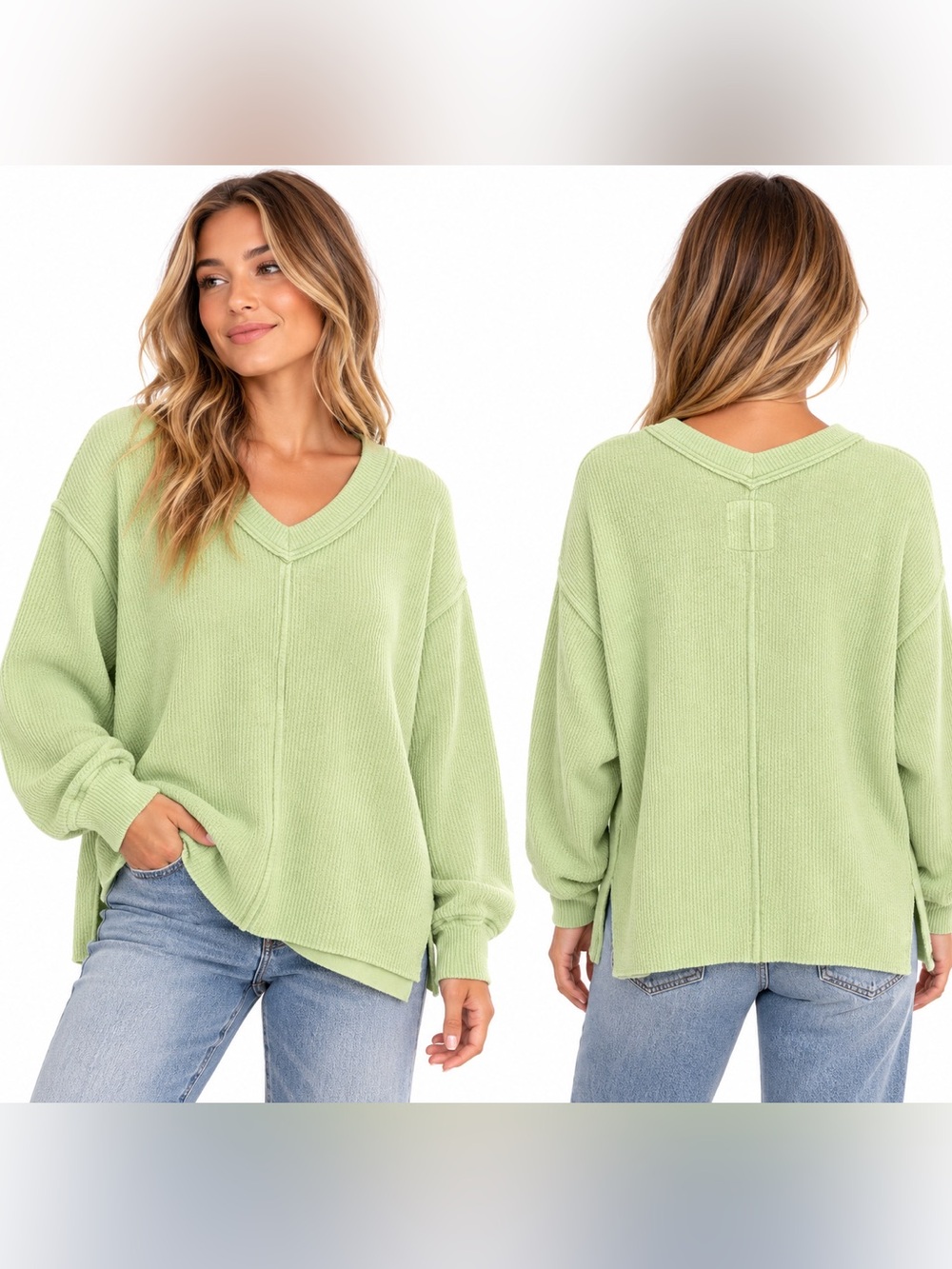 Aerie Oversized Waffle Knit V Neck Sweater Sage Green Size S